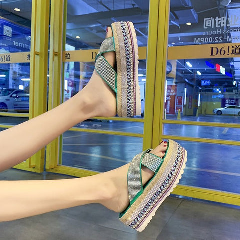 Cross Rhinestone Woven Waterproof Platform Toe Women&