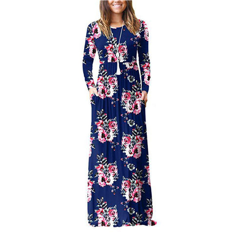 Pocket Dress Round Neck Waist Long Skirt