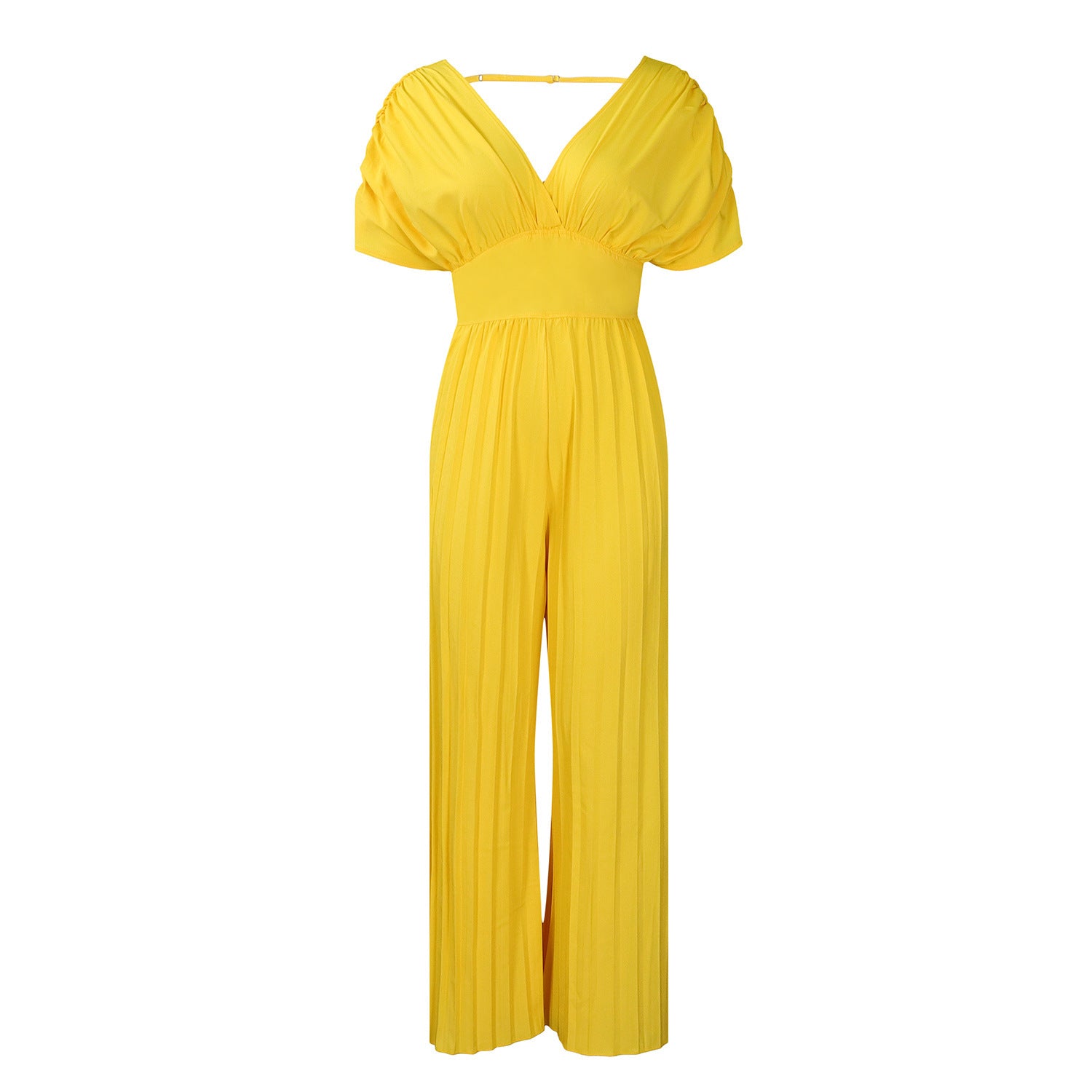 Women's V-neck Solid Color Pleated Jumpsuit