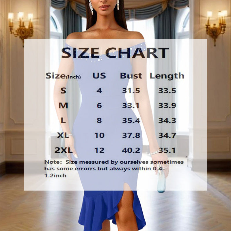 Women's Solid Color Beaded Off-Shoulder Bodycon Dress - Ruffle Hem & Slit Tight Midi Dress For Summer Parties