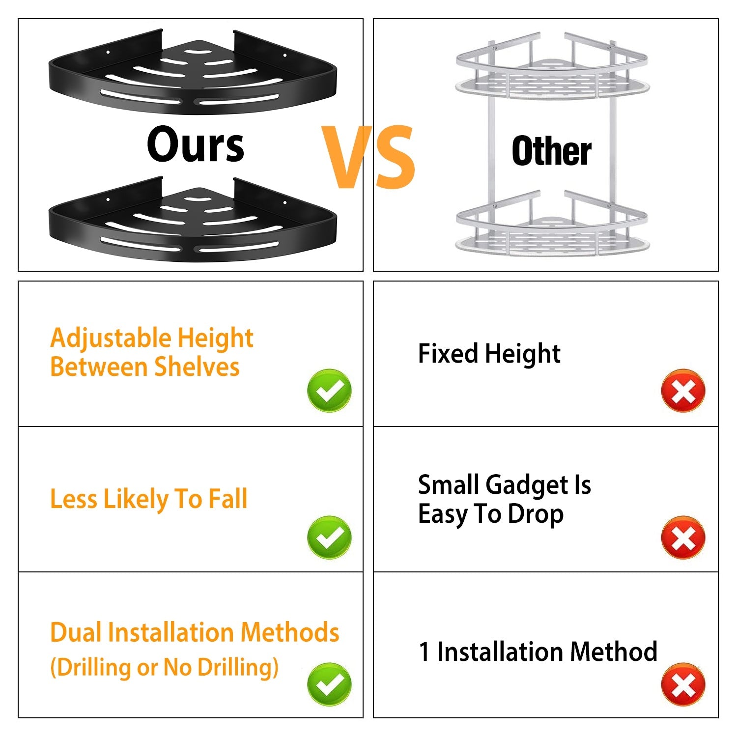 2Pcs Corner Shower Caddy Shelf Adhesive Bathroom Wall Mounted Storage Racks Aluminum Organizers For Bathroom Toilet Kitchen Dorm