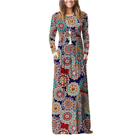 Pocket Dress Round Neck Waist Long Skirt
