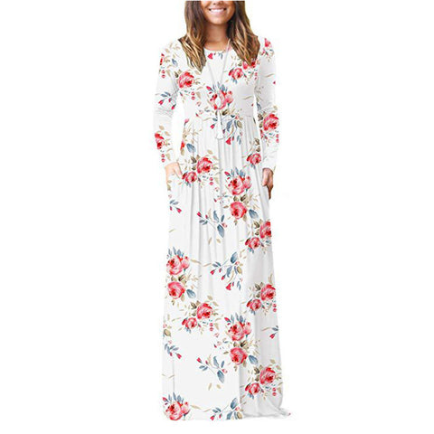 Pocket Dress Round Neck Waist Long Skirt
