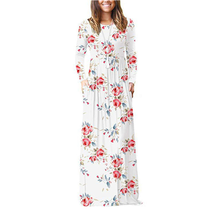 Pocket Dress Round Neck Waist Long Skirt