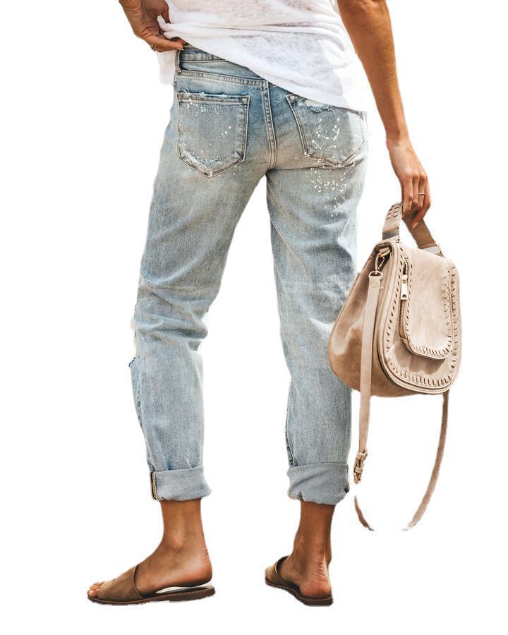Autumn Street Hipster Trousers Ripped Washed Straight-leg Pants Women&