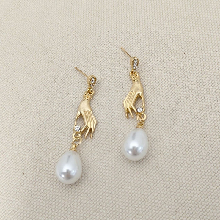Micro Inlaid Zircon Palm Pearl Eardrops Earrings
