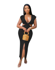 Solid Color Fashion Package Hip V Neck Dress