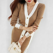 Women's knitting color matching slim lace up dress
