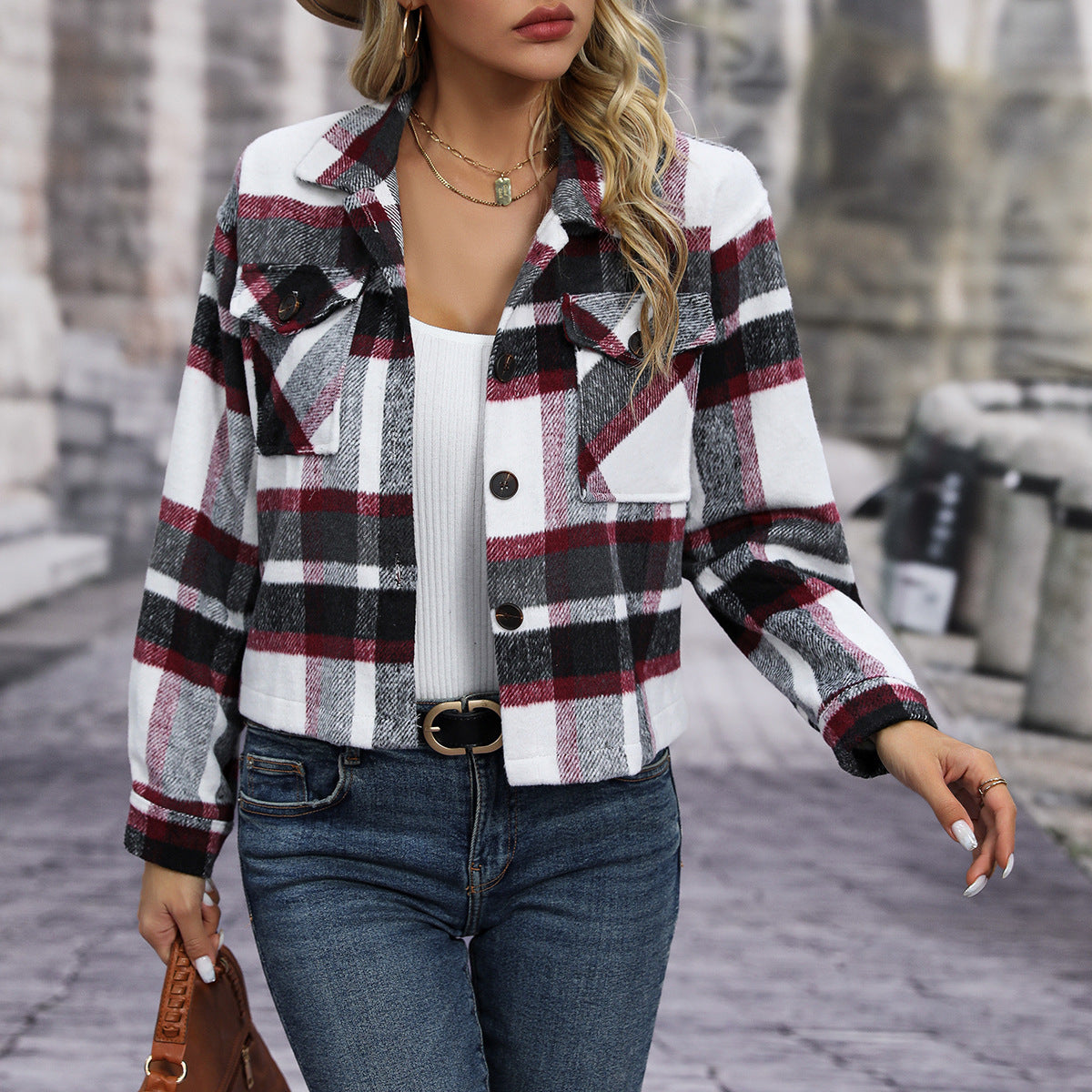 Autumn And Winter New Fashion Casual Pocket Plaid Women's Woolen Short Coat