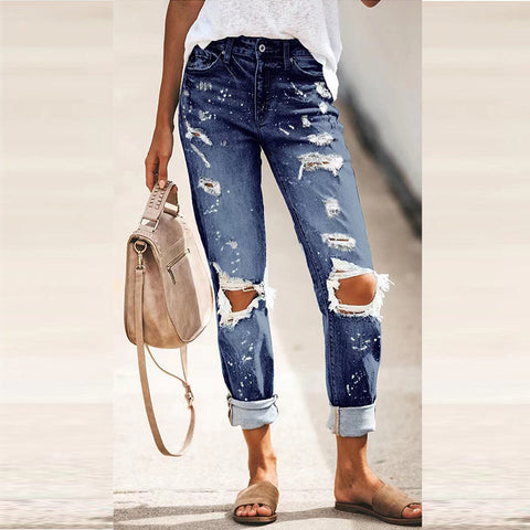 Autumn Street Hipster Trousers Ripped Washed Straight-leg Pants Women&
