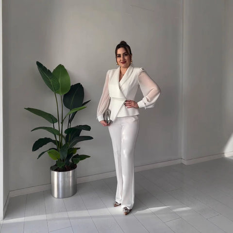 V-neck Stylish Temperament Long Sleeves Solid Color Suit Two-piece Set