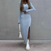 Solid Color Knitted Long-sleeve Suit Half-length Slit Sheath Skirt Two Pieces