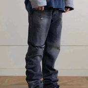 Men's Fashion Casual Retro Knife Cut Destroyed Washed Distressed Straight Textured Jeans
