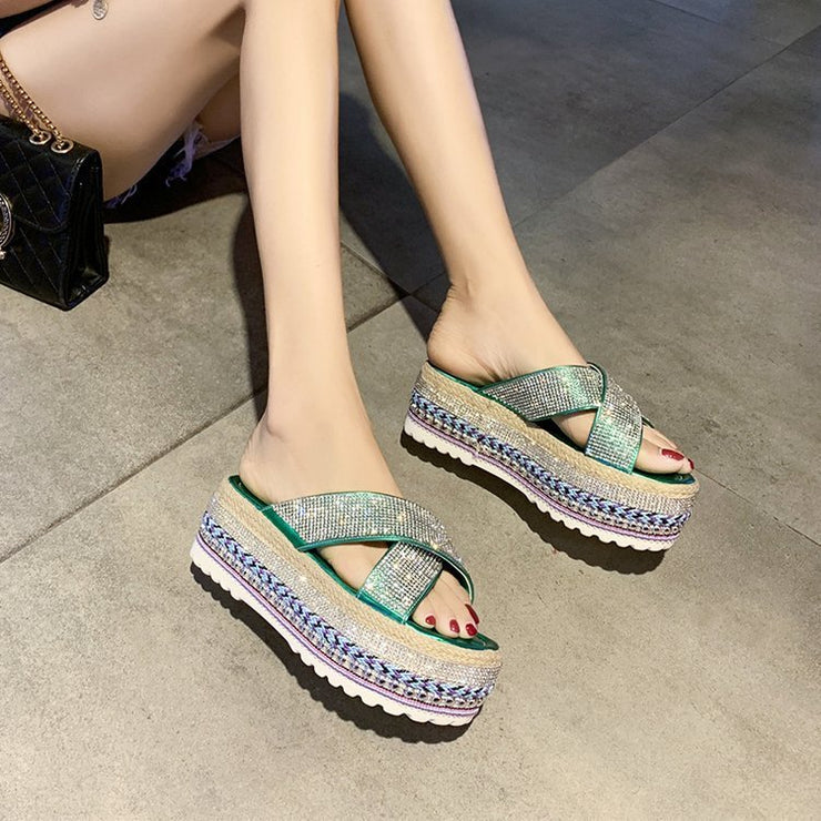 Cross Rhinestone Woven Waterproof Platform Toe Women&