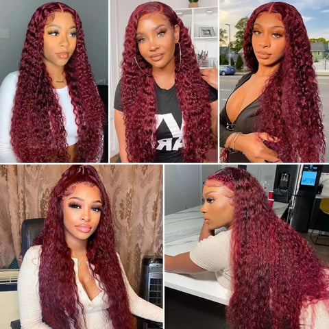Burgudny Red Kinky Curly Human Hair Wigs Deep Wave 13x4 HD Lace Frontal Wigs 99J Red HD Lace Front 100% Human Hair Wig For Women