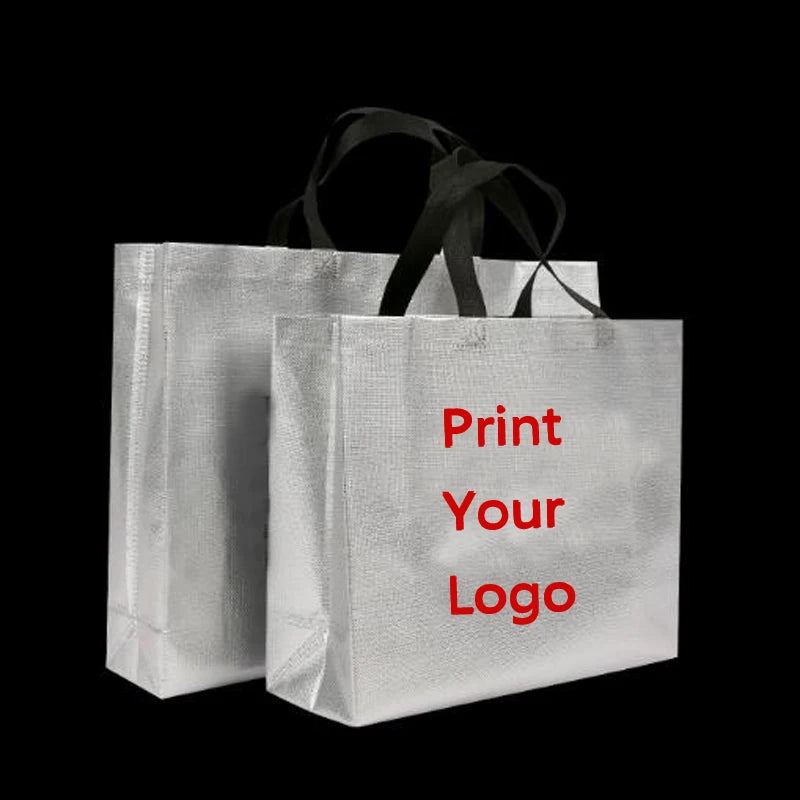 200pcs Custom Logo bags Gold shopping tote bags with logo Non woven bags Silvery clothes bags Shoes bags Three size