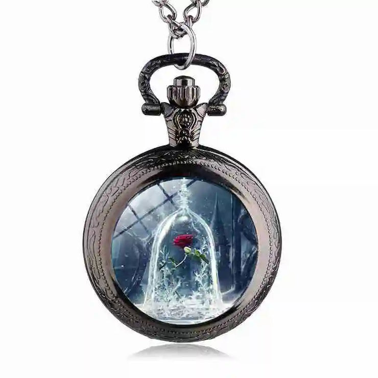 Fashion Movie Theme Flower Pattern Pocket Watch Women Children Pendant Necklace Jewelry Watches Gift