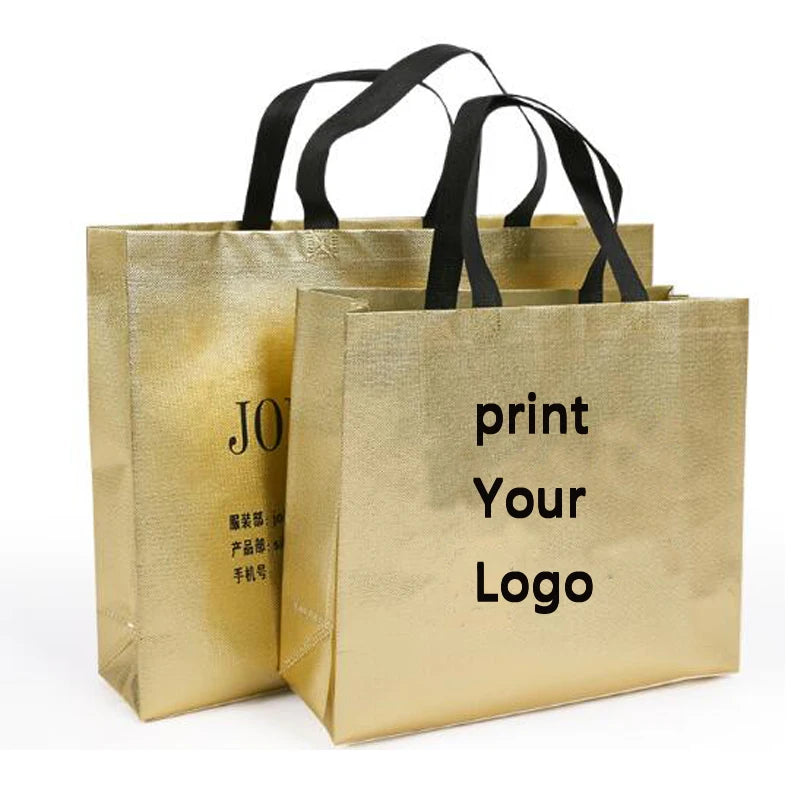 200pcs Custom Logo bags Gold shopping tote bags with logo Non woven bags Silvery clothes bags Shoes bags Three size