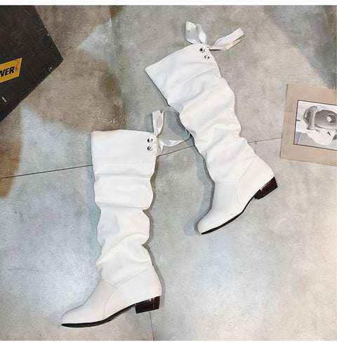 Shoes For Women 2022 Spring Knee High Boots Red Black White Tall Boots Woman Pleated Low Heel Casual Leather Female Long Shoes