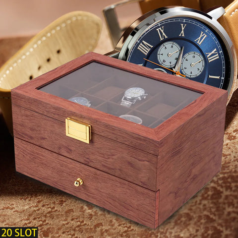 20 Slots Wooden Organizer Jewelry & Watches Display Case Storage Box with Drawer