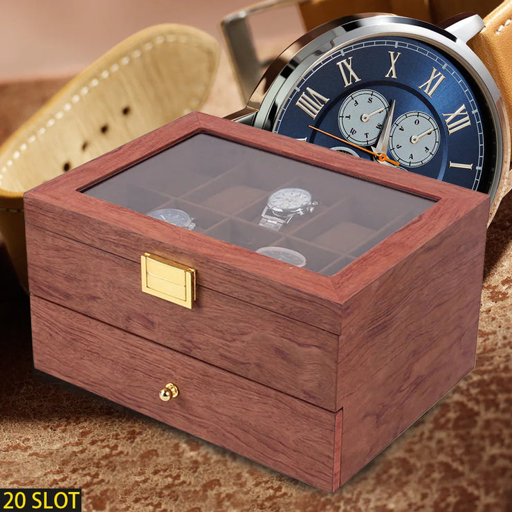 20 Slots Wooden Organizer Jewelry & Watches Display Case Storage Box with Drawer