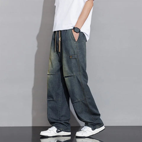 2025 Spring Summer New Vintage Washed Cotton Jeans for Men Clothing Drawstring Straight Men Pants