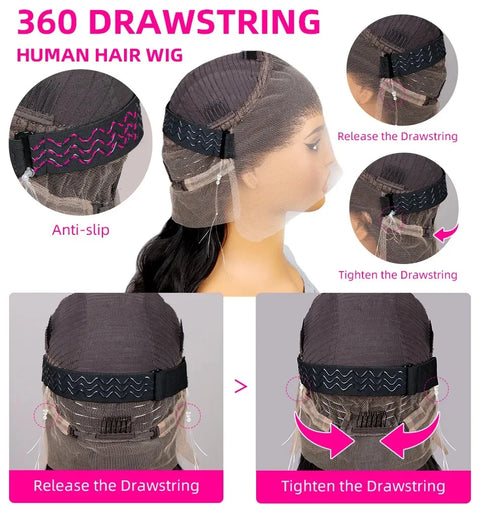 Hidden Strap Body Wave 360 HD Full Lace Front Wigs Human Hair Pre Plucked 12A Glueless Brazilian Virgin Wig With Drawstring