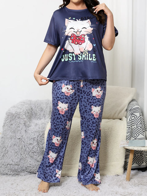 Milk silk sleepwear thin short sleeved long pants set  large size sleepwear  home sleepwear  cute style sleepwear