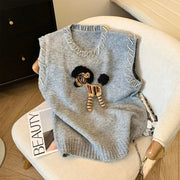 Women's Clothing Vintage Fashion Cartoon Embroidery Sweater Vest Spring New Soft Loose O-neck Sleeveless Knitted Tops