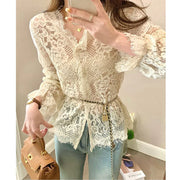 Women's Clothing 2024 Spring Autumn Sexy Hollow Out Lace Chic Vintage T-shirts Female Casual Solid V Neck Slim Long Sleeve Tops