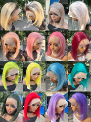 Rose Pink Short Colored Bob Human Hair Wigs Brazilian 13X4 Straight Lace Front Wigs Transparent Lace Pre Plucked Colored Wig