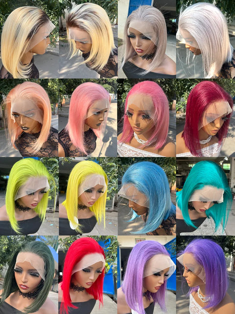 Rose Pink Short Colored Bob Human Hair Wigs Brazilian 13X4 Straight Lace Front Wigs Transparent Lace Pre Plucked Colored Wig