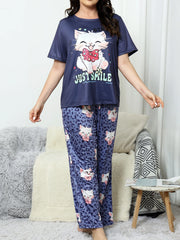 Milk silk sleepwear thin short sleeved long pants set  large size sleepwear  home sleepwear  cute style sleepwear