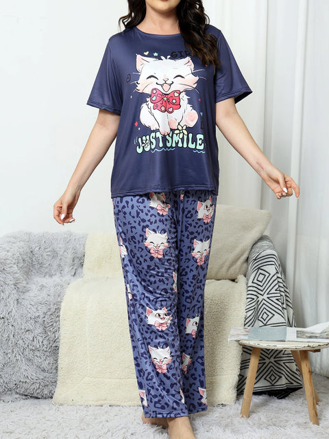 Milk silk sleepwear thin short sleeved long pants set  large size sleepwear  home sleepwear  cute style sleepwear