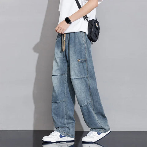 2025 Spring Summer New Vintage Washed Cotton Jeans for Men Clothing Drawstring Straight Men Pants