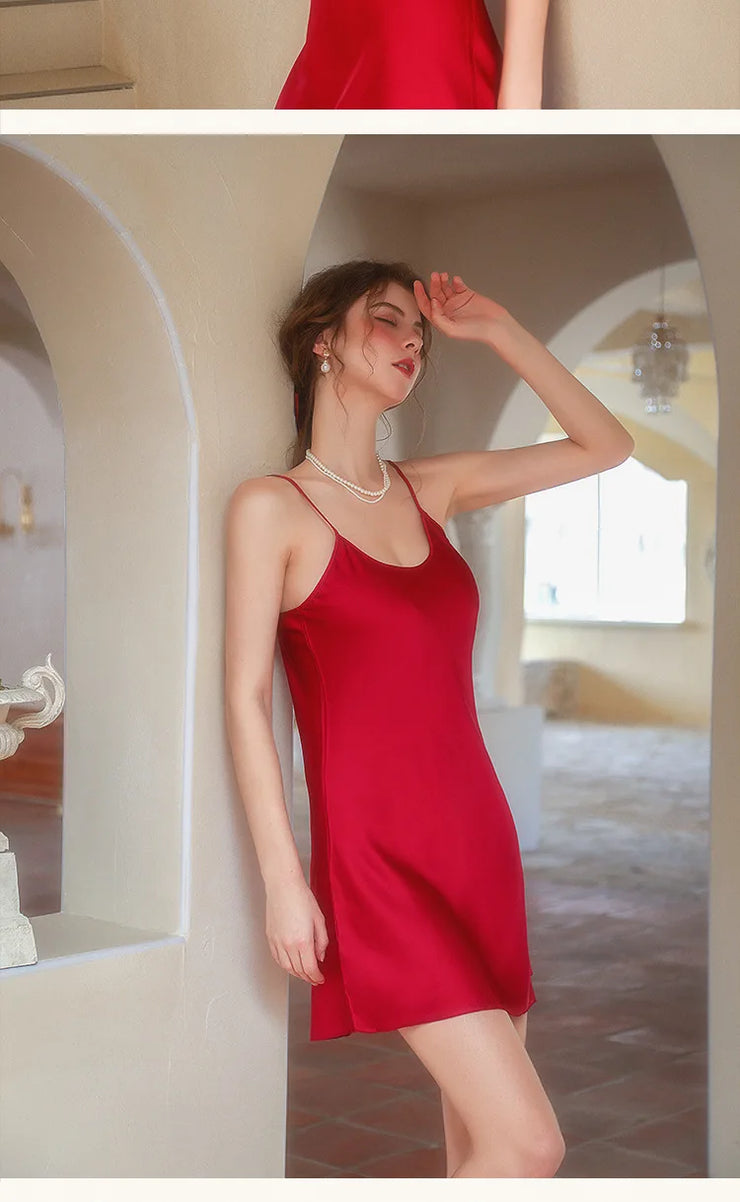 Sexy Sleepwear Women Solid Silk O-Neck Nightgown Soft Satin Lingerie Night Dress Sleeveless Sleepwear Female Clothes