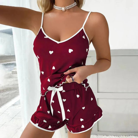 Summer Sleepwear Women Sleepwear Sleeveless Shorts Set 2 PieceS Lace Sleepwear Vest Sleeping Home Clothes New Valentine&