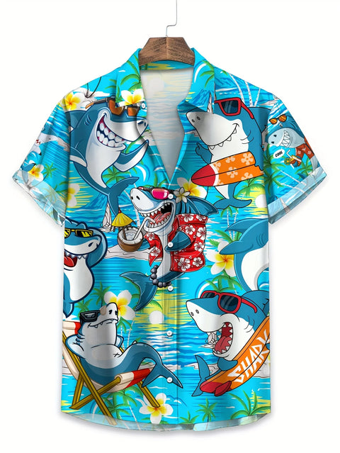 Men Shirts Cartoon Shark Hawaiian Shirt  Men Clothing