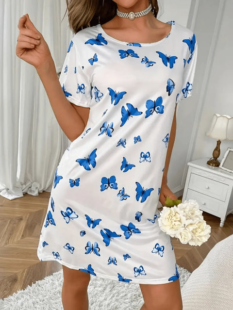 Soft and casual sleepwear dress, short-sleeved loose sleepwear with butterfly print, women&