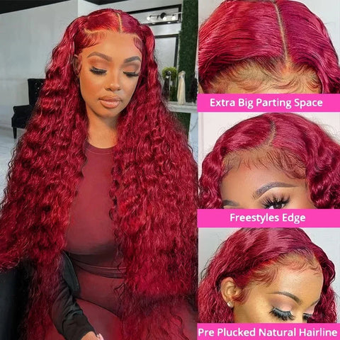 Burgudny Red Kinky Curly Human Hair Wigs Deep Wave 13x4 HD Lace Frontal Wigs 99J Red HD Lace Front 100% Human Hair Wig For Women