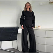 Women's Suit 2025 Spring New Women's Clothing Fashion Long Sleeve O-neck Pleated Top Double-Sided Fabric Office Top Casual Pants