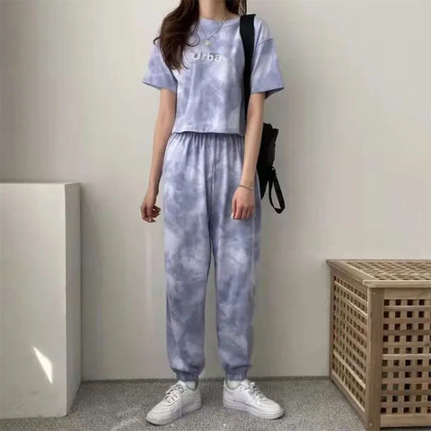 Women Clothing Sets Short Sleeve T-shirt+Pant 2Pcs 2024 Summer Camouflage Tie-Dyed Loose Tees Tops Sports Casual Suit New