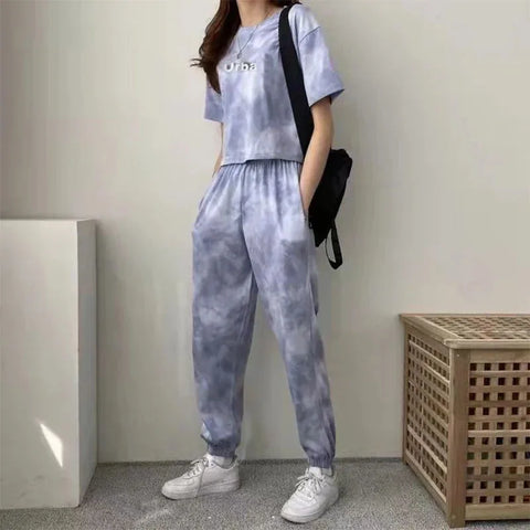 Women Clothing Sets Short Sleeve T-shirt+Pant 2Pcs 2024 Summer Camouflage Tie-Dyed Loose Tees Tops Sports Casual Suit New
