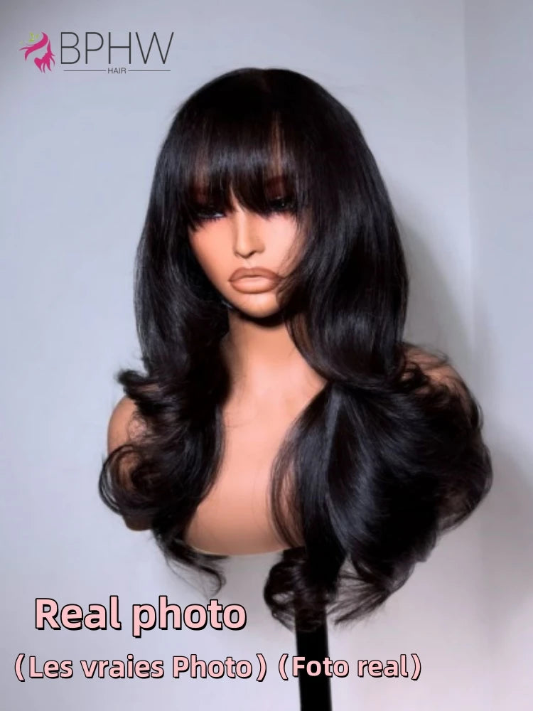 30 inches Body Wave Human Hair Wigs With Bangs Short Bob Wig 180% Density Brazilian Fringe Remy Full Machine Made Wig For Women