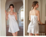 Sexy Sleepwear Women Solid Silk O-Neck Nightgown Soft Satin Lingerie Night Dress Sleeveless Sleepwear Female Clothes