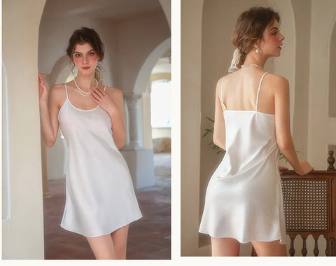 Sexy Sleepwear Women Solid Silk O-Neck Nightgown Soft Satin Lingerie Night Dress Sleeveless Sleepwear Female Clothes