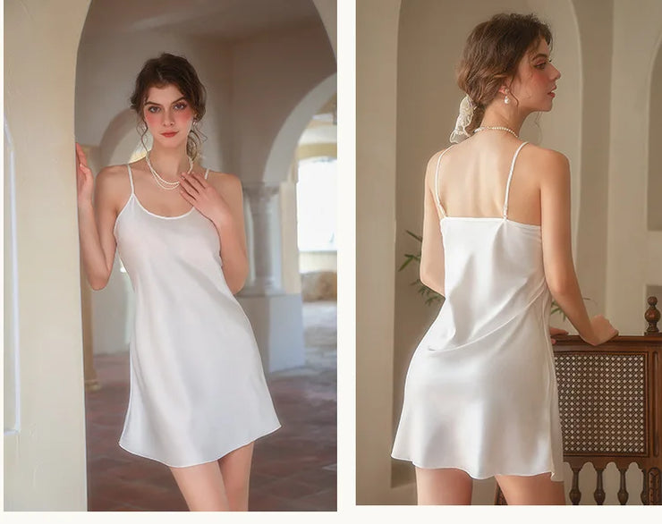 Sexy Sleepwear Women Solid Silk O-Neck Nightgown Soft Satin Lingerie Night Dress Sleeveless Sleepwear Female Clothes