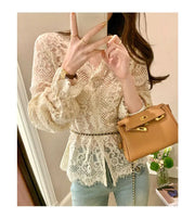 Women's Clothing 2024 Spring Autumn Sexy Hollow Out Lace Chic Vintage T-shirts Female Casual Solid V Neck Slim Long Sleeve Tops