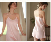Sexy Sleepwear Women Solid Silk O-Neck Nightgown Soft Satin Lingerie Night Dress Sleeveless Sleepwear Female Clothes