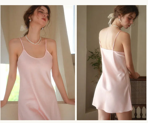 Sexy Sleepwear Women Solid Silk O-Neck Nightgown Soft Satin Lingerie Night Dress Sleeveless Sleepwear Female Clothes
